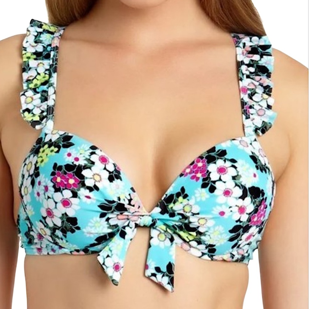 California Waves Ocean Blue Ruffle Strap Underwire Push-Up Bikini Top Size Large